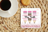 Personalised Teacher Gift Pink Crayon Coaster - Candles Sniffs & Gifts 