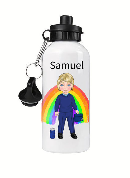 BOY'S Personalised School Water Bottle Create Your Own White Metal - Candles Sniffs & Gifts 