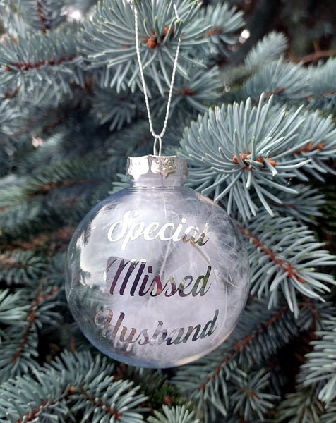 Remembrance Clear Feather Bauble Special Missed Husband Christmas Gift - Candles Sniffs & Gifts 