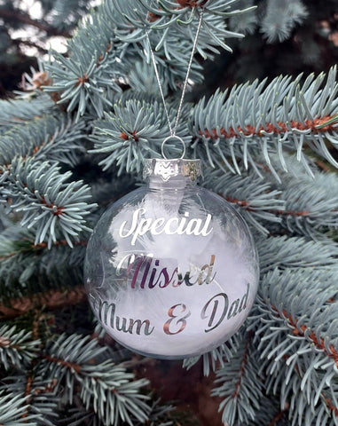 Remembrance Clear Feather Bauble Special Missed Mum & Dad Christmas Gift - Candles Sniffs & Gifts 