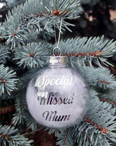Remembrance Clear Feather Bauble Special Missed Mum Christmas Gift - Candles Sniffs & Gifts 