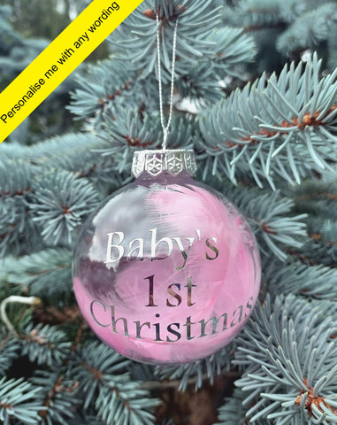Personalised Clear Pink Feather Bauble Christmas Gift Any Wording - Candles Sniffs & Gifts 