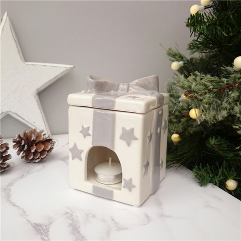 Christmas Present Box Ceramic Tea Light Burner With Lid 12cm - Candles Sniffs & Gifts 